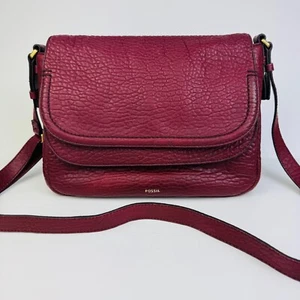 Fossil Peyton Burgundy Crossgrain Leather Double-Flap Crossbody Bag Purse - Picture 1 of 13