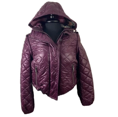 Burberry Brit Quilted Hooded Puffer Jacket US Size 2 Convertible Vest Plum UK 4 - Image 1 of 4