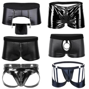 Mens Sexy Lingerie Faux Leather Pouch Boxer Briefs Underwear Shorts Underpant - Picture 1 of 35