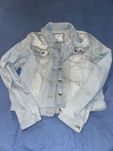 Justice Premium Denim Jacket Girls Sz 16 Light Wash Lace Embellished - Picture 1 of 10