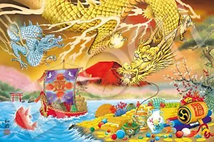 Puzzle epoca 1500 pezzi buona fortuna draghi oro e argento piccoli pezzi 50 - Foto 1 di 4