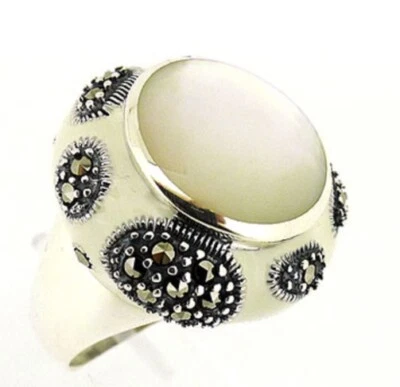 ANILLO CÚPULA PLATA ESTERLINA 925 MARCASITA Y ESMALTE SETA MADREPERLA BLANCO Foto 1 de 4