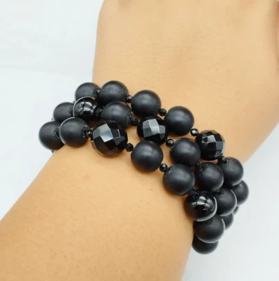 Pulsera Mujer Ónice Y Ágata Negra A Esferas Multifilo Plata 925 Blanca - Imagen 1 de 4
