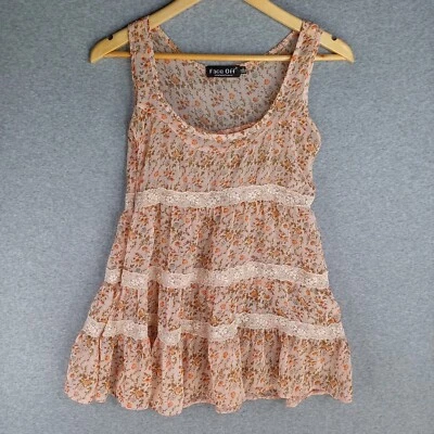 Face Off Top Womens Size 12 Floral Brown Opaque Tank Top Lace Trim - image 1 of 4