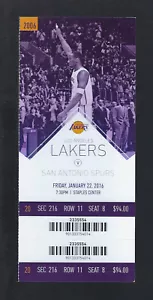 2015-2016 NBA SPURS @ LAKERS FULL TICKET - KOBE BRYANT FINAL SEASON - JAN 22 - Picture 1 of 1