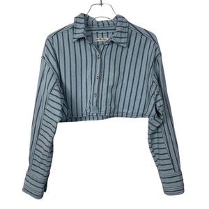 Free People gestreiftes Cropped-Top mit Knopfleiste Langarm blau Größe Small - Bild 1 von 7