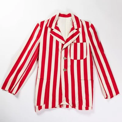 40's 50's MENS RED & WHITE STRIPE BLAZER COAT JACKET MOD BARBERSHOP IVY LEAGUE S - Image 1 of 4