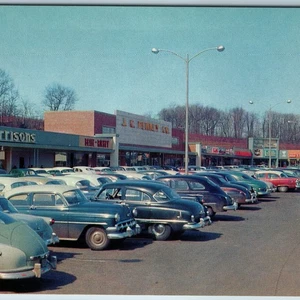 c1950s Hamden CT Shopping Center Strip Mall Parked Cars Artchrome Chrome PC A201 - Picture 1 of 3