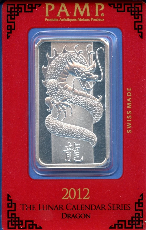 2012 PAMP Suisse Swiss 1 Oz .999 Silver Bar 1g - Lunar Dragon Sealed In Assay - Image 1 of 3