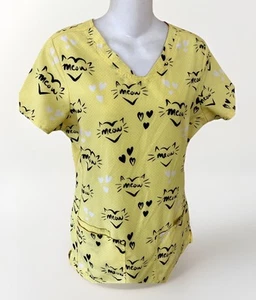Heartsoul Scrub Top Yellow Cat Kitten Meow With Pockets Size S - Picture 1 of 7