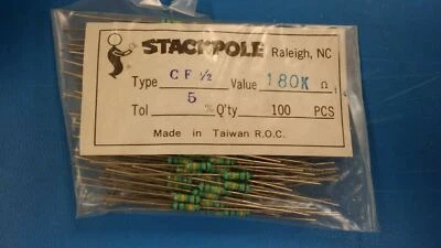 (100 PCS) RESISTOR CARBON FILM 180K OHMS 1/2W 5% STACKPOLE(CF1/2,180K,5%)