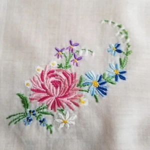 Handkerchief Embroidered Corner Pink Purple Blue Flowers Green Hanky - Picture 1 of 2