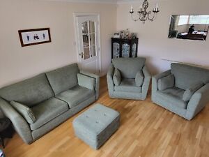 G PLAN 3 PIECE SUITE WITH MATCHING FOOTSTOOL. JADE GREEN CHENILLE.  NO RESERVE 