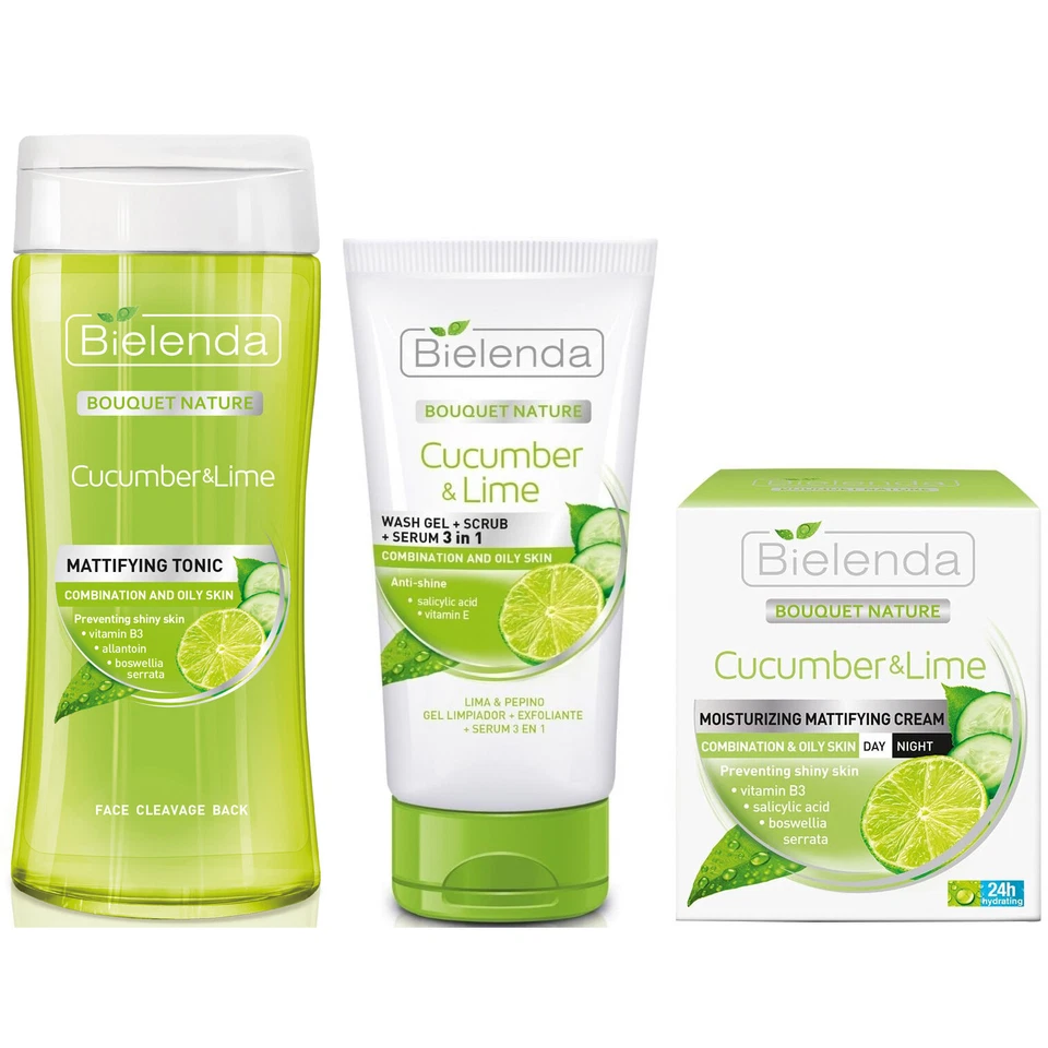 Bielenda Cucumber Lime Mattifying Combination Oily Skin Cream Toner Gel Scrub