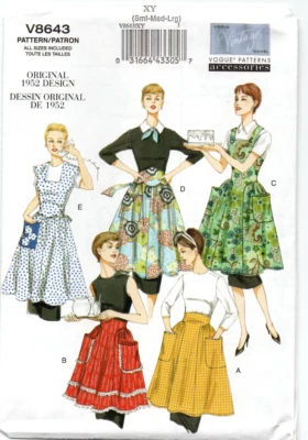 Vogue Sewing Pattern 8643, Repro 1952, 5 Aprons, 3 Sizes, New - Image 1 of 3