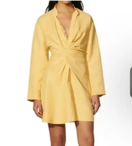 Sandro ruched front linen mini shirt dress, yellow, Size 36 - Picture 1 of 15
