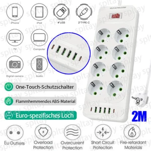 Regleta de enchufes conmutable regleta de enchufes enchufe múltiple corriente 8 velocidades 4 USB - Imagen 1 de 14