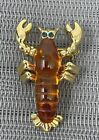 Lobster Crawfish Brooch Pin Gold Amber Tone Green Rhinestone Eyes Vintage