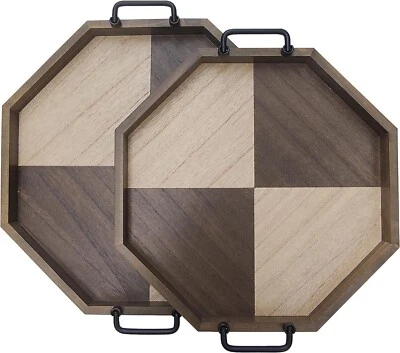 Stained Two Toned Wooden Octagon Shaped Tray Set with Metal Foldable Handles - Image 1 of 4