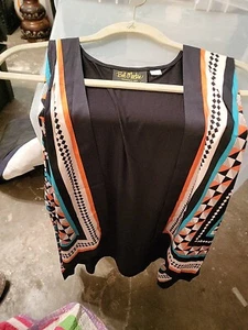 BOB MACKIE Wearable Art Vest Large  Black Orange Cyan Checkerboard Stripes - Picture 1 of 4