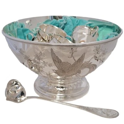 Raro Masivo Sterling TIFFANY & CO 12 piezas Juego de Punchera con Tazas y Cucharón AUDUBON Foto 1 de 4