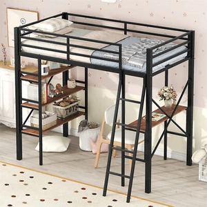 Twin Size Metal Loft Bed Metal Bed Frame with Desk & Shelves & Ladder Black - Picture 1 of 12