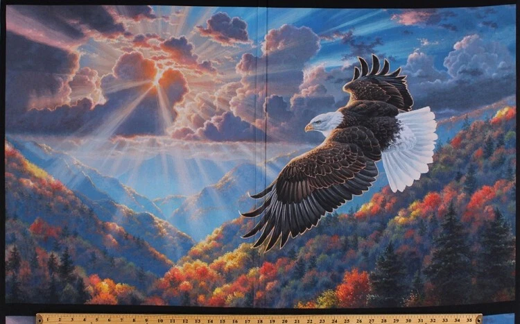 24.5" X 44" Bald Eagle Sunset Mountains Digital Cotton Fabric Panel D659.22 - Image 1 of 1