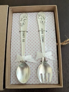 Mud Pie Pewter Unicorn Feeding Set - So Loved and Sweet Baby Spoon and Fork Set - Picture 1 of 3