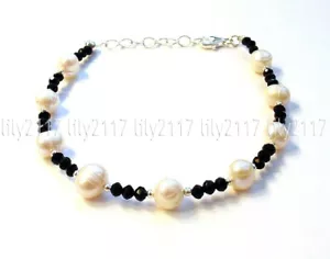 Faceted 3mm Black Spinel Gems Natural 7-8mm Akoya White Pearl Bracelets 7.5'' - Picture 1 of 3