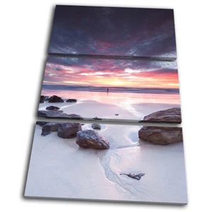 Rocky Beach Fisherman Sunset Seascape TREBLE CANVAS WALL ART Picture Print - Picture 1 of 1