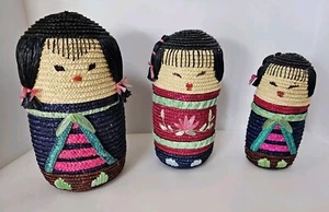 Japanese Kokeshi Style Woven Wicker Rattan Lot Of 3  Nesting Dolls - Picture 1 of 10