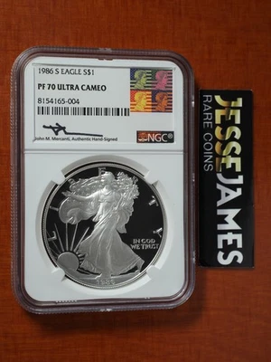 1986 S PROOF SILVER EAGLE NGC PF70 ULTRA CAMEO JOHN MERCANTI SIGNED ART LABEL! - Image 1 of 2