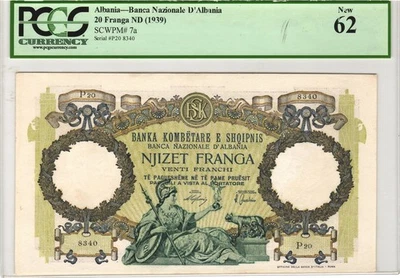 ALBANIA 🇦🇱 20 Franga 1940  Banknote,PCGS  MS62, rare in this condition. - Bild 1 von 2