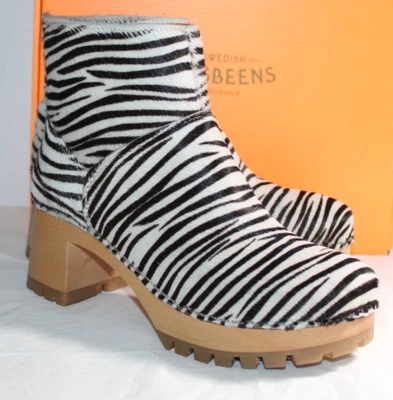 Tamancos suecos Hasbeens botas slip on bootie cabelo de bezerro zebra 38 novo com etiquetas - Imagem 1 de 4