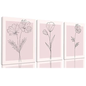 Rosa Blumen Wandbilder 3er Set, Hellrosa Wanddeko, Botanische Linie Zimmer De... - Bild 1 von 8