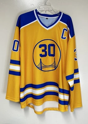 Camiseta deportiva de hockey Steph Curry Golden State Warriors logotipo grande amarilla cosida grande Foto 1 de 4