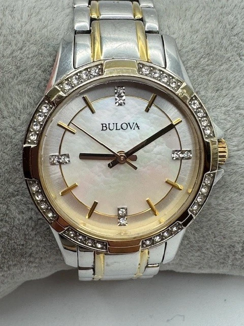 Ladies Bulova 98L203 MOP Diamond Glitz Dial Two Tone Quartz Watch New Battery - Image 1 of 4