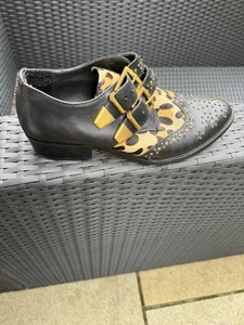 Office UK 6 Boot Shoes Double Buckles Black & Leopard Print Studded 1” Heel - Picture 1 of 12