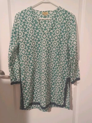 Roberta Roller Rabbit Women's Size M Geometric Boho Tunic Green Side Slits - Image 1 of 4