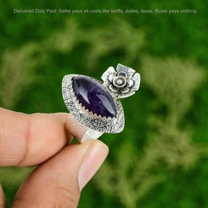 Marquise African Amethyst Stone Sterling Silver Stackable Flower Ring US 6.75 - Picture 1 of 7