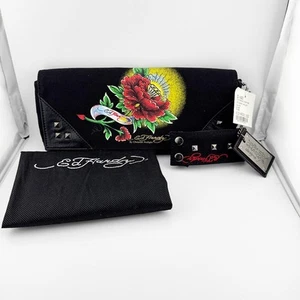 Ed Hardy Borsa Pochette Borchie con Polsino e Catena Donna Nera Epoca Y2K - Foto 1 di 16