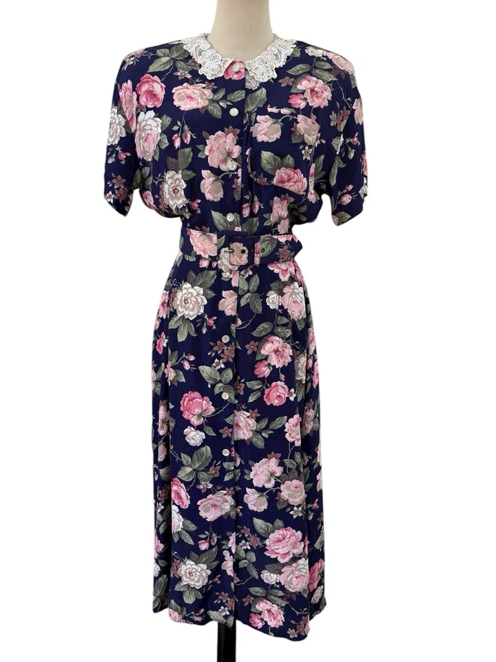 Vtg 80s 90s Blue Shirt Dress Lace Collar Roses Sz 10 Cottagecore Grandma  - Image 1 of 4