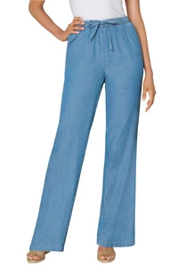 Woman Within Plus Size Tall Wide-Leg Drawstring Denim Pants - Picture 1 of 19