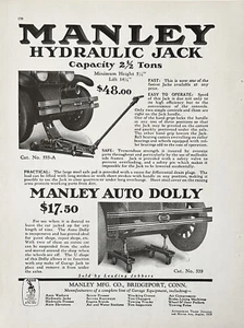 1929 Ad Manley Mfg Co Bridgeport CT 2 1/2 Ton Hydraulic Jack & Auto Dolly - Picture 1 of 1