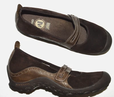 MERRELL PLAZA MJ SZ 8 M КОРИЧНЕВАЯ ЗАМША КОЖА MARY JANE НА ТАНКЕТКЕ КАБЛУК СКОЛЬЖЕНИЯ НА ОБУВЬ - Изображение 1 из 4