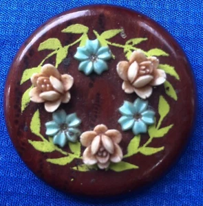 Vtg Pin Brooch Wood Peach Teal Roses Floral Jewelry Flowers Retro Style - Picture 1 of 2