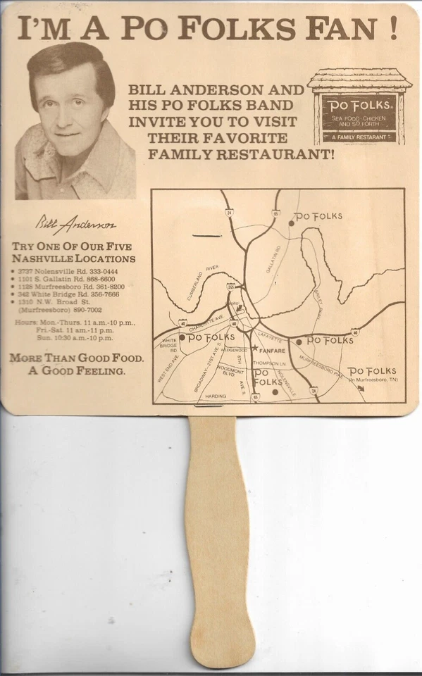 Bill Anderson Po Folks Family Restaurant ручной вентилятор с ярмарки фанатов 1970-х - Изображение 1 из 2