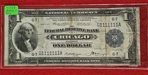 1918 $ 1 DIE FEDERAL RESERVE NOTE BANK VON CHICAGO SELTENE SERIENNUMMER 1111111 - Bild 1 von 2