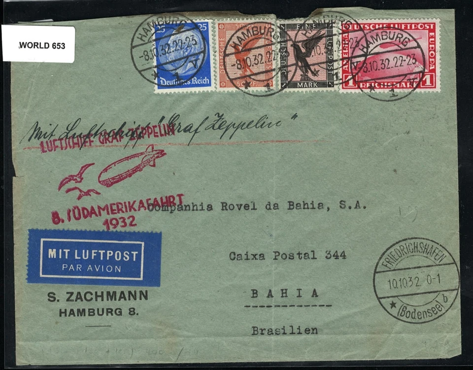 SAVOYSTAMPS-GERMANY-HAMBURG TO BRAZIL 1932 ZEPPELIN COVER - Image 1 of 2