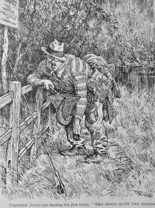1935 Vintage Print TROUT FISHERMAN - UNGRATEFUL NOVICE LANDING FIRST TROUT - Picture 1 of 2